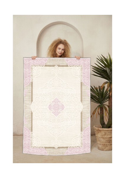 Dekoratif Özel Tasarım Pamuklu Dokuma Taban Yumuşak Dokulu Halı Pembe 80 x 120 cm