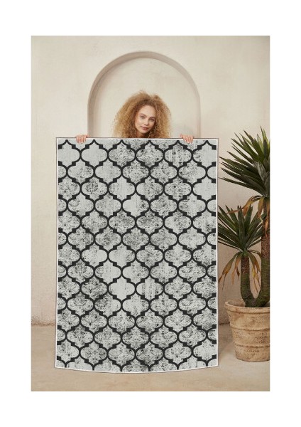 Dekoratif Özel Tasarım Pamuklu Dokuma Taban Yumuşak Dokulu Halı Bej - Siyah - Gri 80 x 120 cm