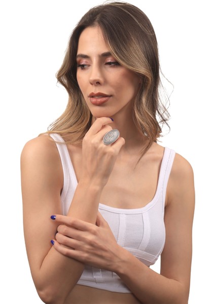 Kadın Antik Gümüş Kaplama Ayarlanabilir Model Etnik Motifli Oval Yüzük