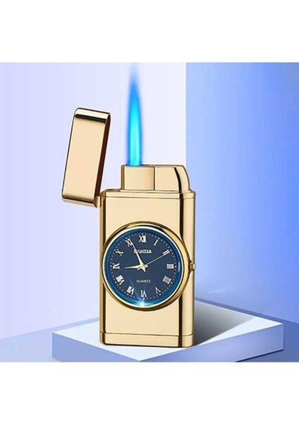 Özel Yapım Saatli Lüks Çakmak Turbo Işıklı Rüzgara Dayanıklı Gold Çakmak