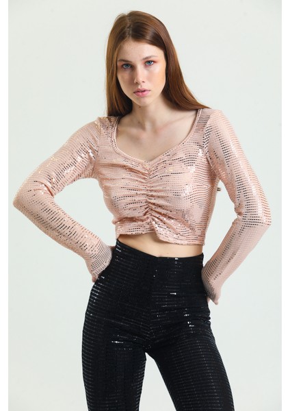 Uzun Kol Önü Lastik Büzgülü Buzi Payet Bluz BLZ34189