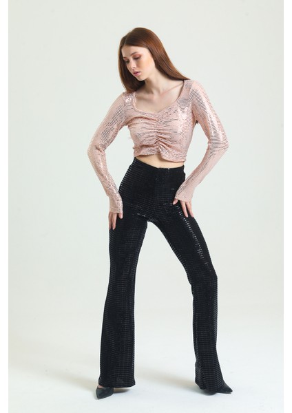 Uzun Kol Önü Lastik Büzgülü Buzi Payet Bluz BLZ34189 fırsatları