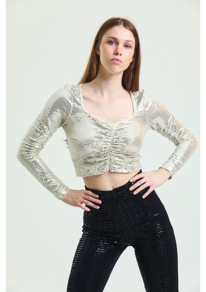 Uzun Kol Önü Lastik Büzgülü Buzi Payet Bluz BLZ34189