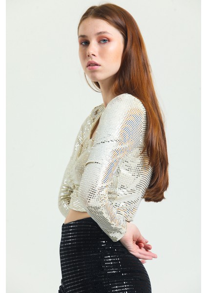 Uzun Kol Önü Lastik Büzgülü Buzi Payet Bluz BLZ34189 fırsatları