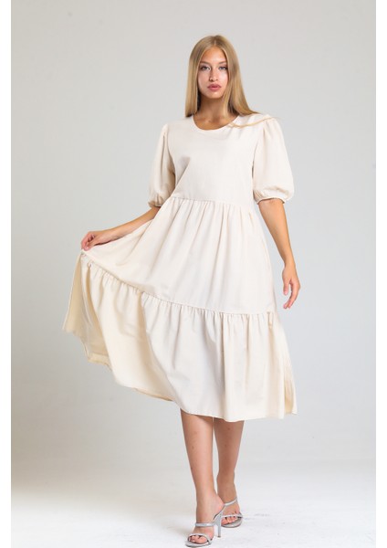 Kısa Kollu Kol Ucu Lastikli Fırfırlı Günlük Elbise | ELB34255