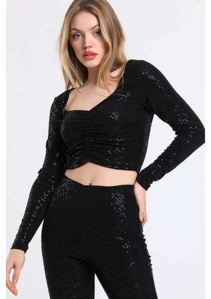 Uzun Kol Önü Lastik Büzgülü Buzi Payet Bluz BLZ34189