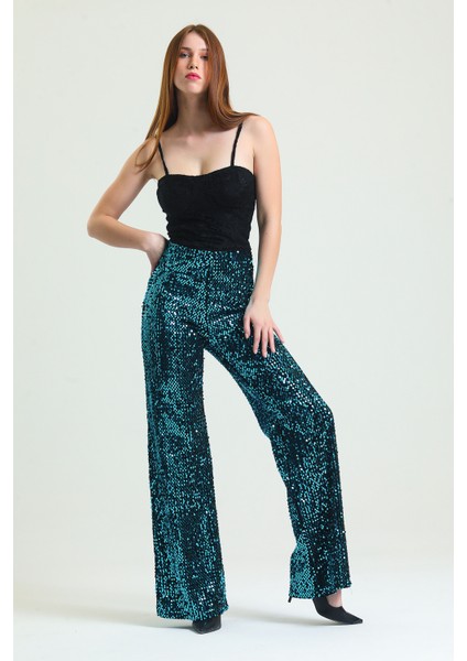 Lastikli Geniş Paça Payetli Abiye Pantolon | PNT33970 Siyah-Turkuaz