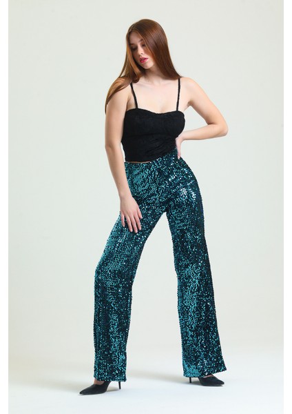 Lastikli Geniş Paça Payetli Abiye Pantolon | PNT33970 Siyah-Turkuaz fiyatları