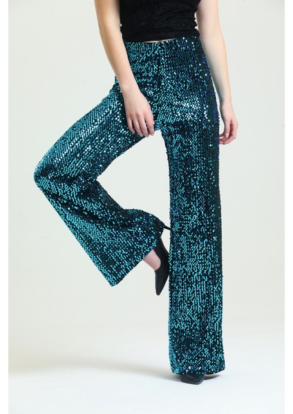 Lastikli Geniş Paça Payetli Abiye Pantolon | PNT33970 Siyah-Turkuaz modelleri