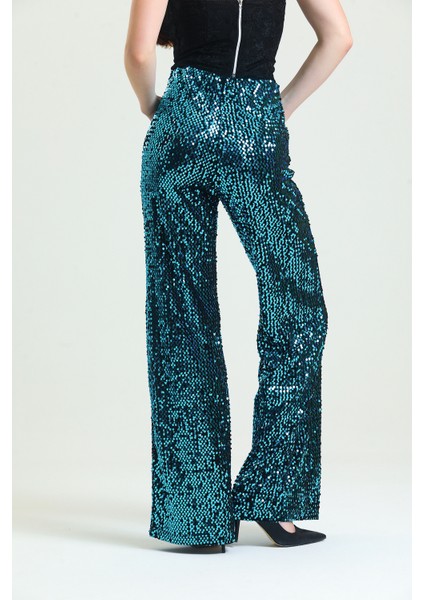 Lastikli Geniş Paça Payetli Abiye Pantolon | PNT33970 Siyah-Turkuaz indirimleri