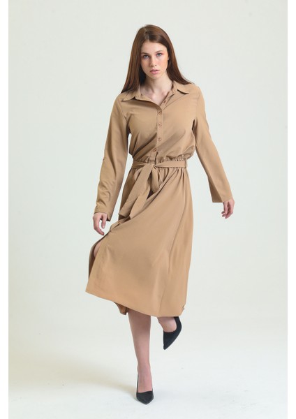 Polo Yaka Önü Patlı Düğmeli Kemerli Uzun Kol Aerobin Elbise | ELB33577 Vızon fiyatları