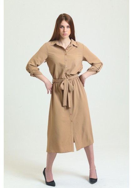 Polo Yaka Önü Patlı Düğmeli Kemerli Uzun Kol Aerobin Elbise | ELB33577 Vızon modelleri