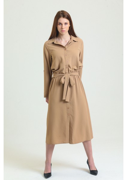 Polo Yaka Önü Patlı Düğmeli Kemerli Uzun Kol Aerobin Elbise | ELB33577 Vızon fırsatları