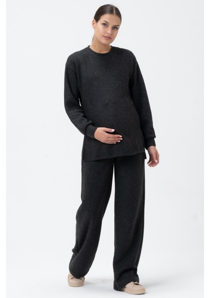 Hamile Emzirme Detaylı Yüksek Bel Bol Paça Triko Takım Antrasit fiyatları