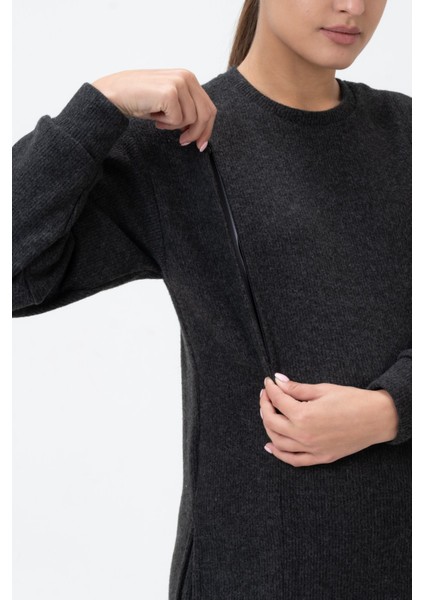 Hamile Emzirme Detaylı Yüksek Bel Bol Paça Triko Takım Antrasit modelleri