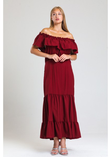 Degaje Yaka Yakası Lastikli Dokuma Viskon Uzun Elbise | ELB34315