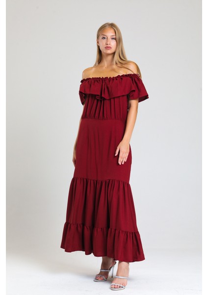 Degaje Yaka Yakası Lastikli Dokuma Viskon Uzun Elbise | ELB34315 modelleri