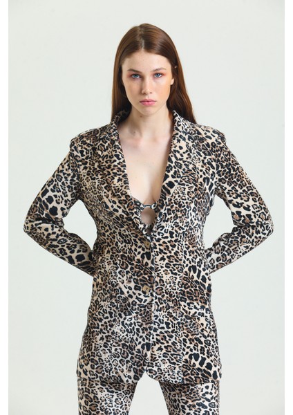 Astarlı Önü Düğmeli Leopar Kadife Abiye Ceket | CKT34573 Leopar Desenli fırsatları