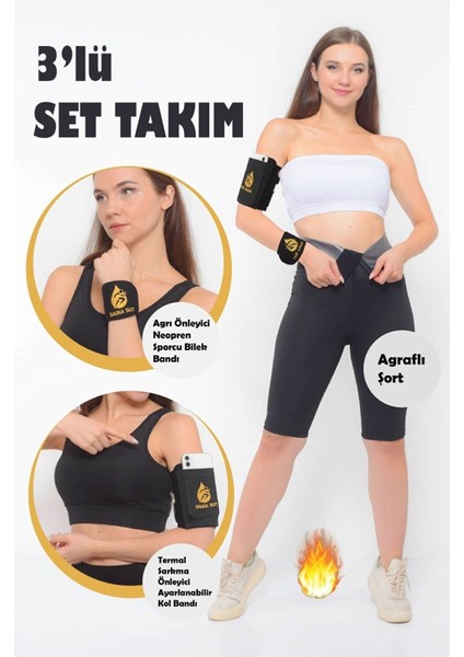 Sauna Suit Inceltici Terlemeye Yardımcı Şort ve Neopren Sporcu Bileklik - Koşu Bandı 3 Lü Takım Set