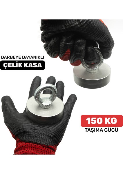 Mıknatıs Avm 70 mm Çap, 150 kg Taşıma Gücü, Süper Güçlü Halkalı Neodyum Pot Mıknatıs, Magnet Fishing