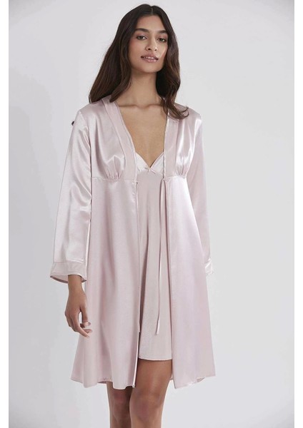 Kadın Kadife Saten Gecelik & Sabahlık Takım - 4040 Pudra