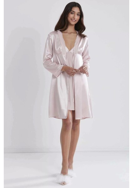 Kadın Kadife Saten Gecelik & Sabahlık Takım - 4040 Pudra modelleri