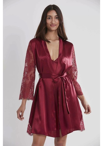 Saten Dantelli Gecelik Sabahlık Takım - 4065 Bordo