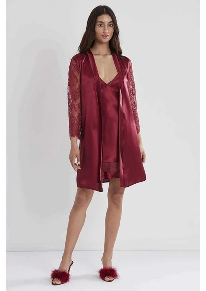 Saten Dantelli Gecelik Sabahlık Takım - 4065 Bordo fiyatları