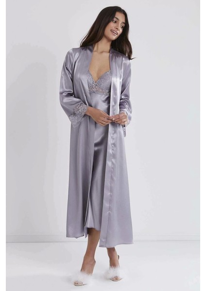 Kadın Saten Dantelli Gecelik & Sabahlık Takım - 4370 Royal fiyatları