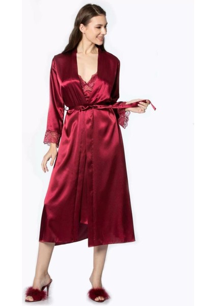 Kadın Saten Dantelli Gecelik & Sabahlık Takım - 4370 Bordo