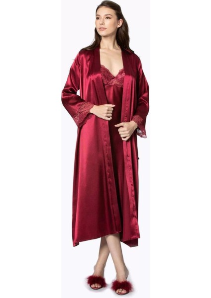 Kadın Saten Dantelli Gecelik & Sabahlık Takım - 4370 Bordo fiyatları