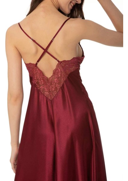Kadın Saten Dantelli Gecelik & Sabahlık Takım - 4370 Bordo indirimleri