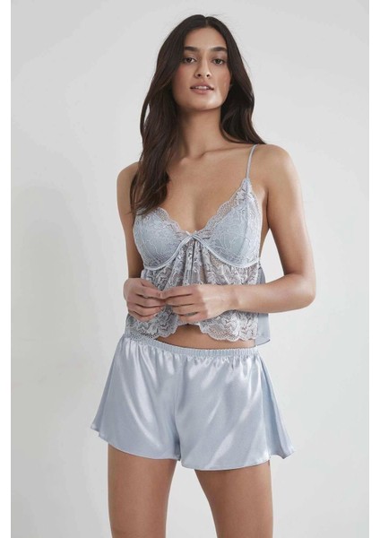 Kadın Saten Dantelli Pijama Şort Takım - 450 Mist