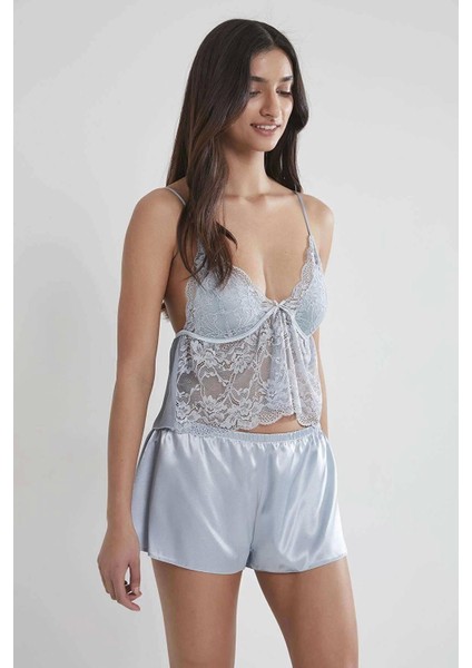 Kadın Saten Dantelli Pijama Şort Takım - 450 Mist fiyatları