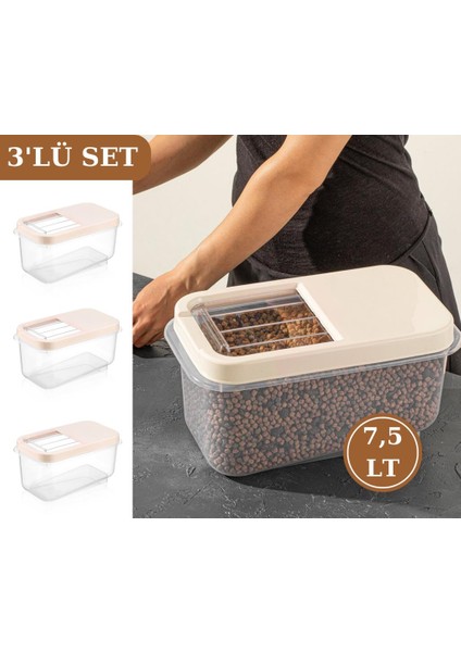 Multibox 7,5 Lt Kaydırak Kapaklı Erzak Saklama Kabı 3’lü Set 3x7,5lt Krem