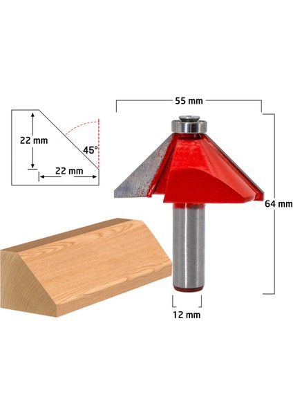 5522 Rulmanlı 45° Pah Kenar Freze Bıçağı Sap 12 mm