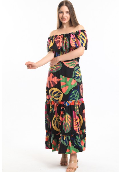 Degaje Yaka Yakası Lastikli Dokuma Viskon Uzun Elbise | ELB34315 modelleri