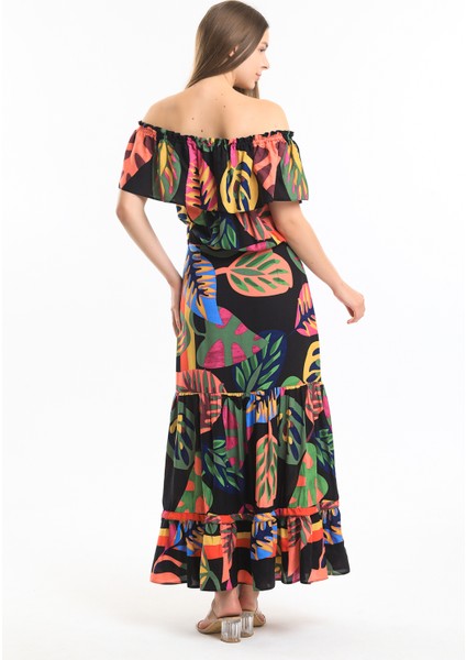 Degaje Yaka Yakası Lastikli Dokuma Viskon Uzun Elbise | ELB34315 indirimleri