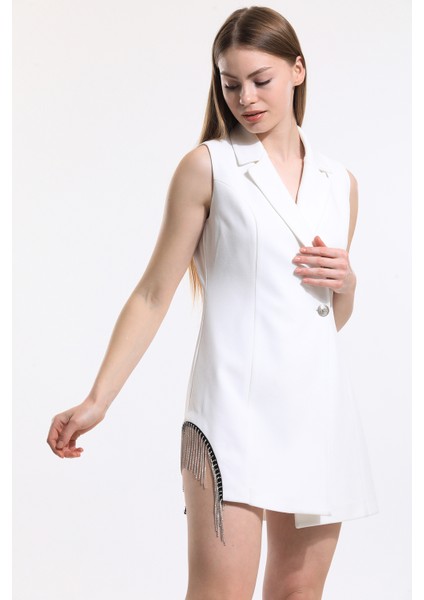 Zincir Detaylı Içi Astarlı Kolsuz Hürrem Ceket | CKT34314 Beyaz