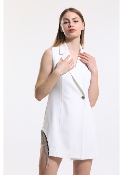 Zincir Detaylı Içi Astarlı Kolsuz Hürrem Ceket | CKT34314 Beyaz modelleri