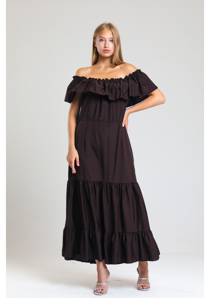 Degaje Yaka Yakası Lastikli Dokuma Viskon Uzun Elbise | ELB34315