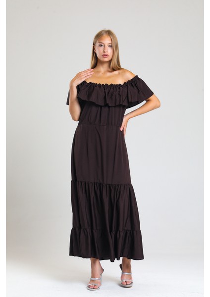 Degaje Yaka Yakası Lastikli Dokuma Viskon Uzun Elbise | ELB34315 modelleri