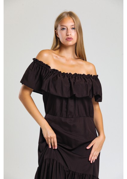 Degaje Yaka Yakası Lastikli Dokuma Viskon Uzun Elbise | ELB34315 fırsatları