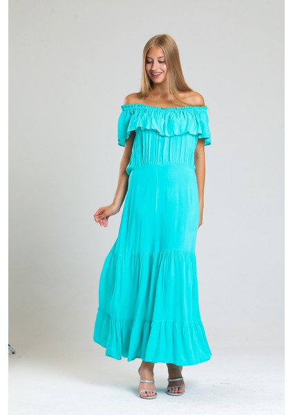 Degaje Yaka Yakası Lastikli Dokuma Viskon Uzun Elbise | ELB34315 fırsatları