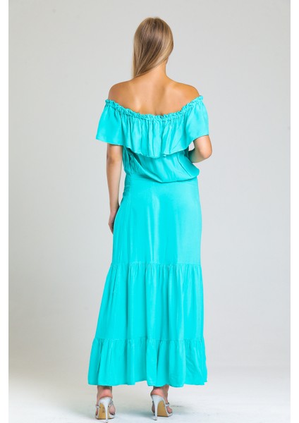 Degaje Yaka Yakası Lastikli Dokuma Viskon Uzun Elbise | ELB34315 indirimleri