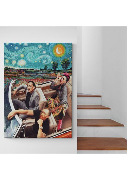 Frida Kahlo Salvador, Dali ve Vincent Van Gogh Arabada Yıldızlı Gece Kanvas Tablo