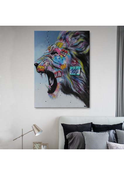 Renkli Kükreyen Aslan Kanvas Tablo, Pop Art, Sokak Sanatı