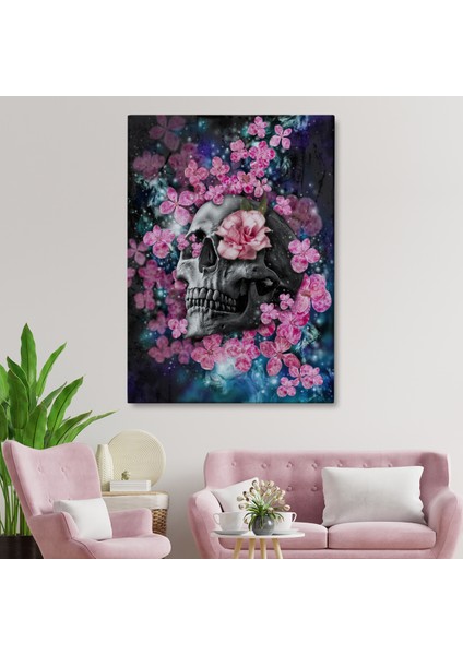 Doğaltercih Iskelet Kafa ve Pembe Çiçekler Kanvas Tablo Duvar Sanatı