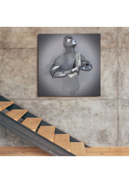 3D Efektli Gümüş Insan Kanvas Tablo, Metalik Efektli Romantik Vücut, Aşk Sanatı