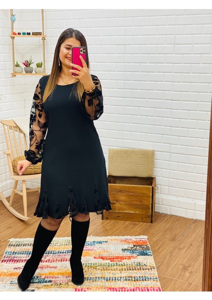 Flok Baskı Etek Ucu Tül Detaylı Elbise
